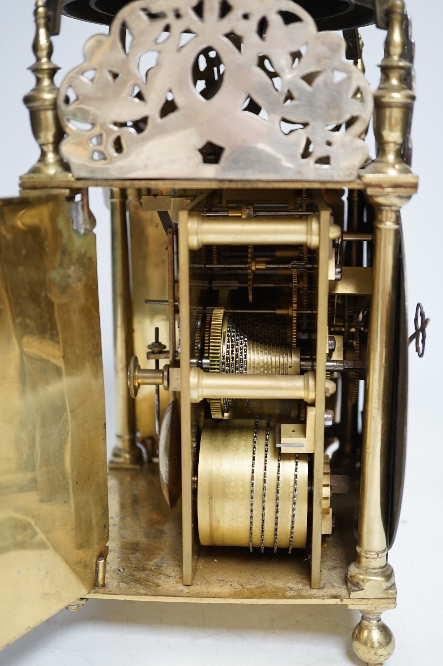 A late 19th century lantern clock with fusee movement, 37cm high. Condition - fair, not tested